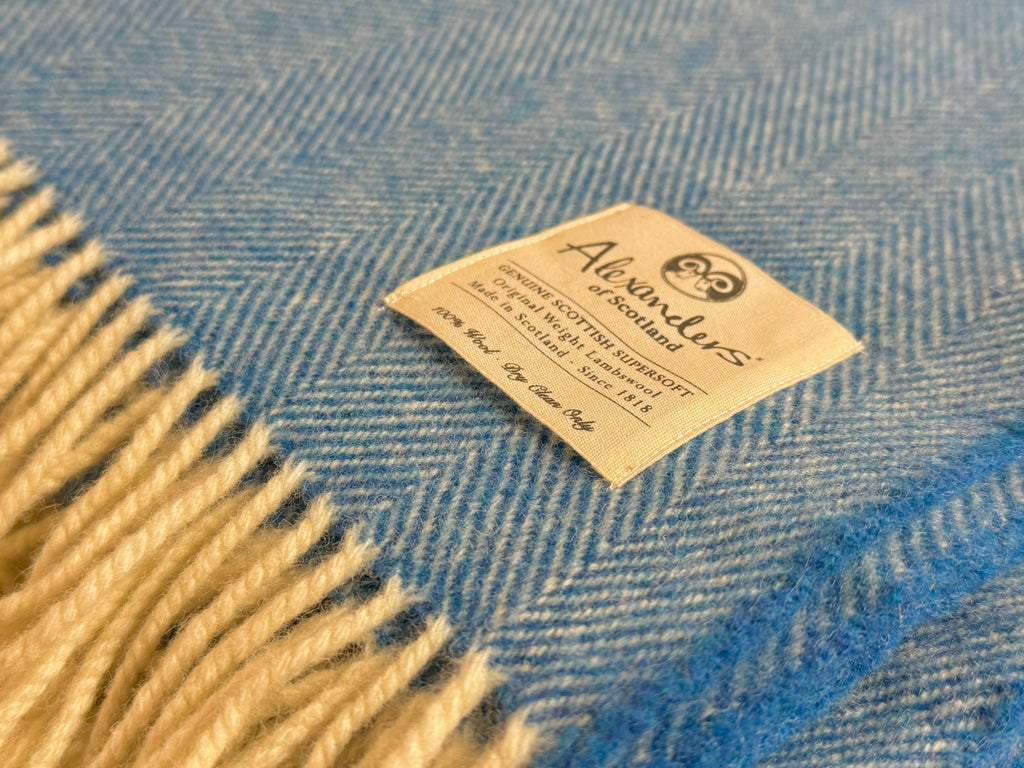 Traditional Weight Lambswool Blanket - New Bright Blue Herringbone