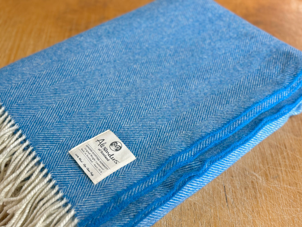 Traditional Weight Lambswool Blanket - New Bright Blue Herringbone