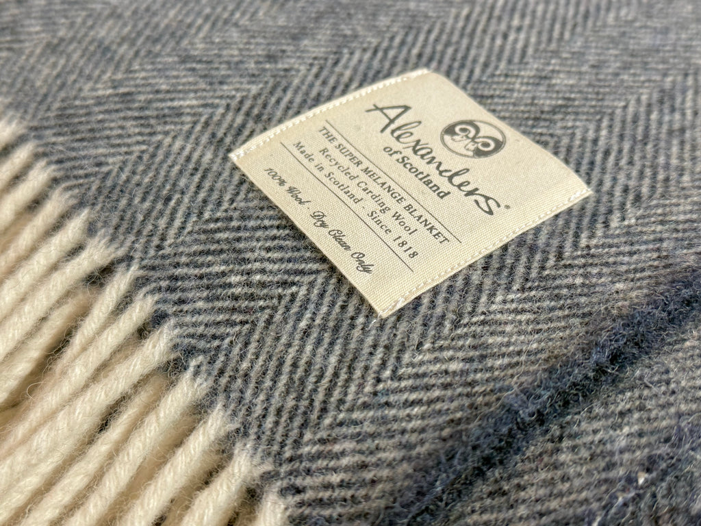 Traditional Weight Woollen Blanket - SM Dark Blues Herringbone