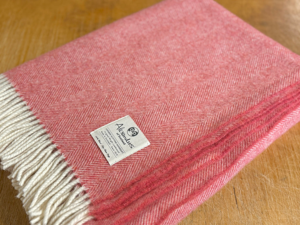 Traditional Weight Lambswool Blanket - Salmon Herringbone