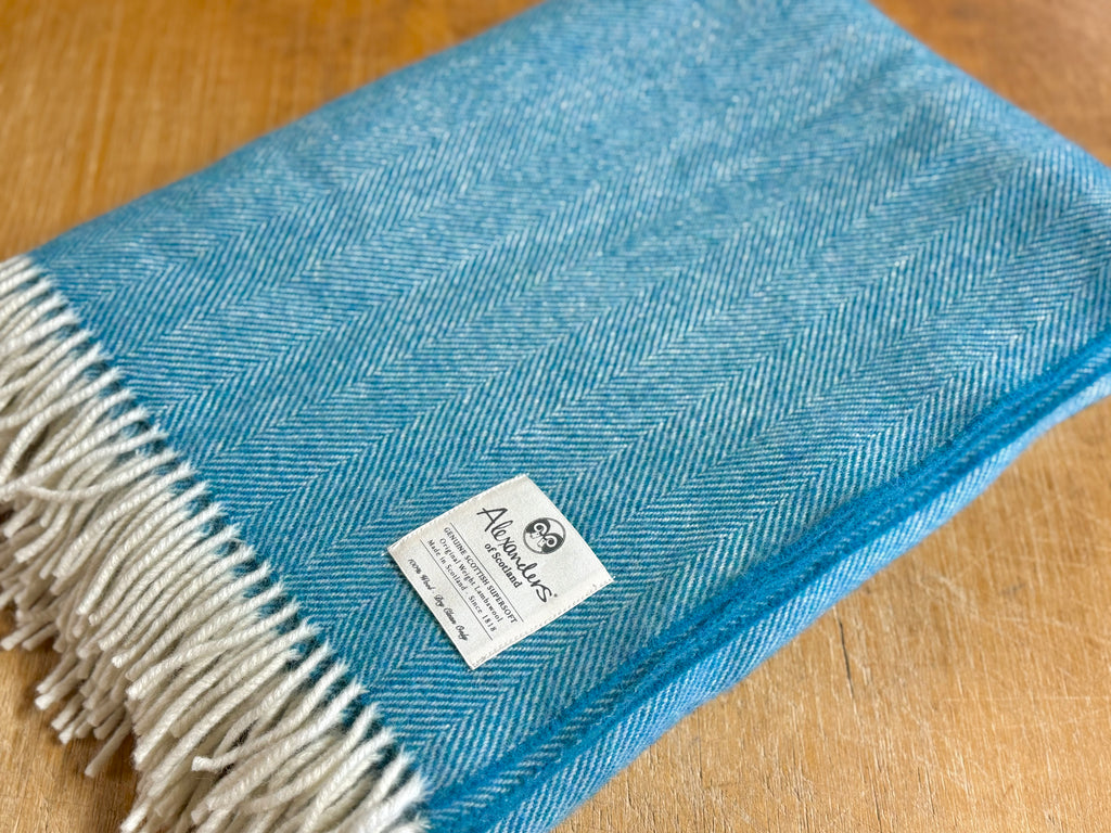 Traditional Weight Lambswool Blanket - Bondi Blue Herringbone