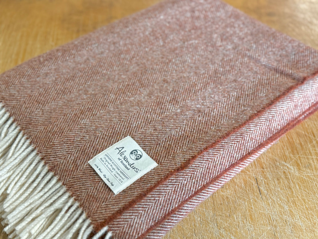 Traditional Weight Lambswool Blanket - Rust Herringbone