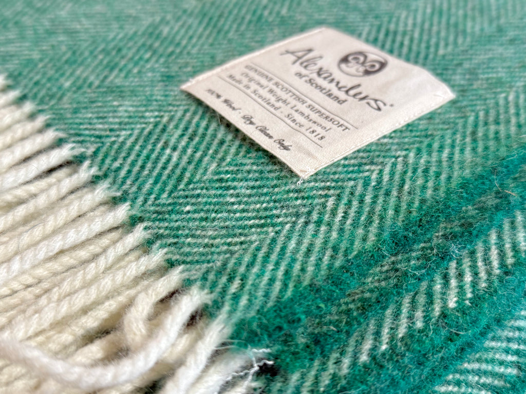 Traditional Weight Lambswool Blanket - Vintage Green Herringbone