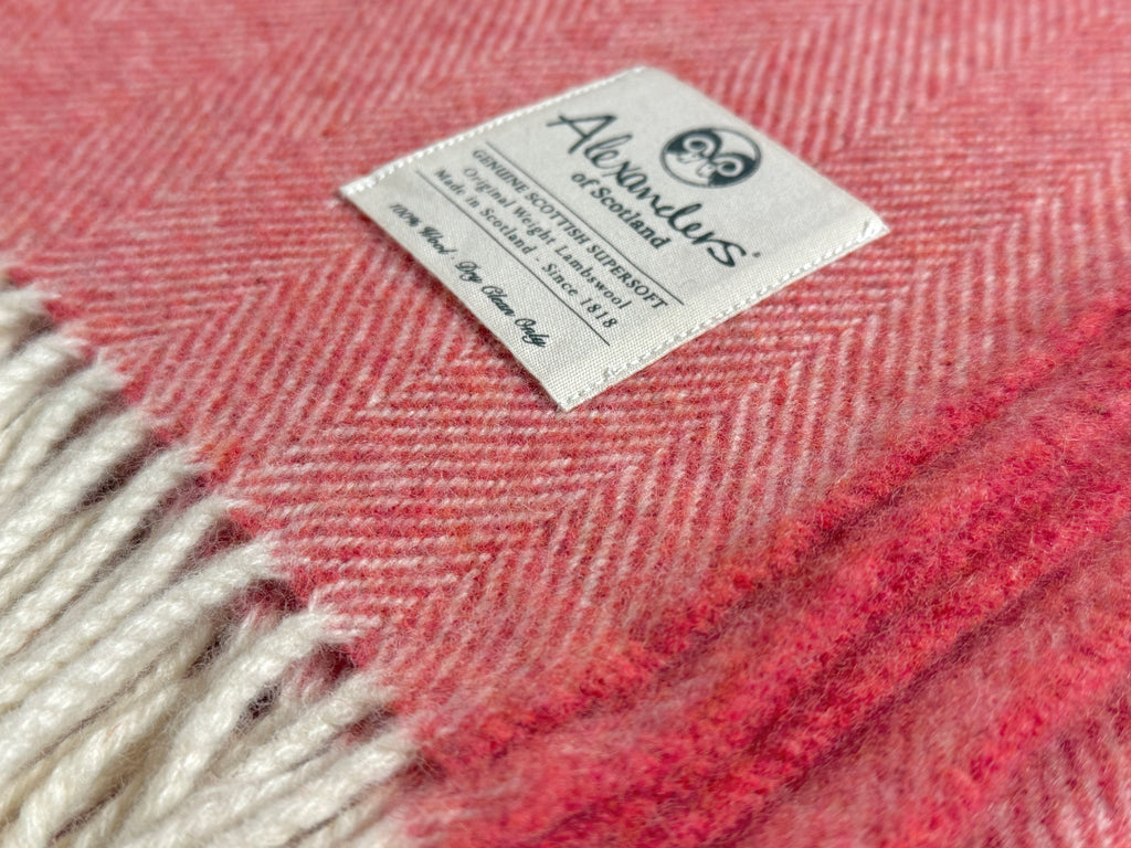 Traditional Weight Lambswool Blanket - Salmon Herringbone