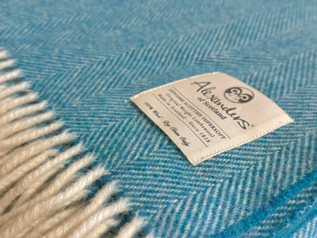 Traditional Weight Lambswool Blanket - Bondi Blue Herringbone