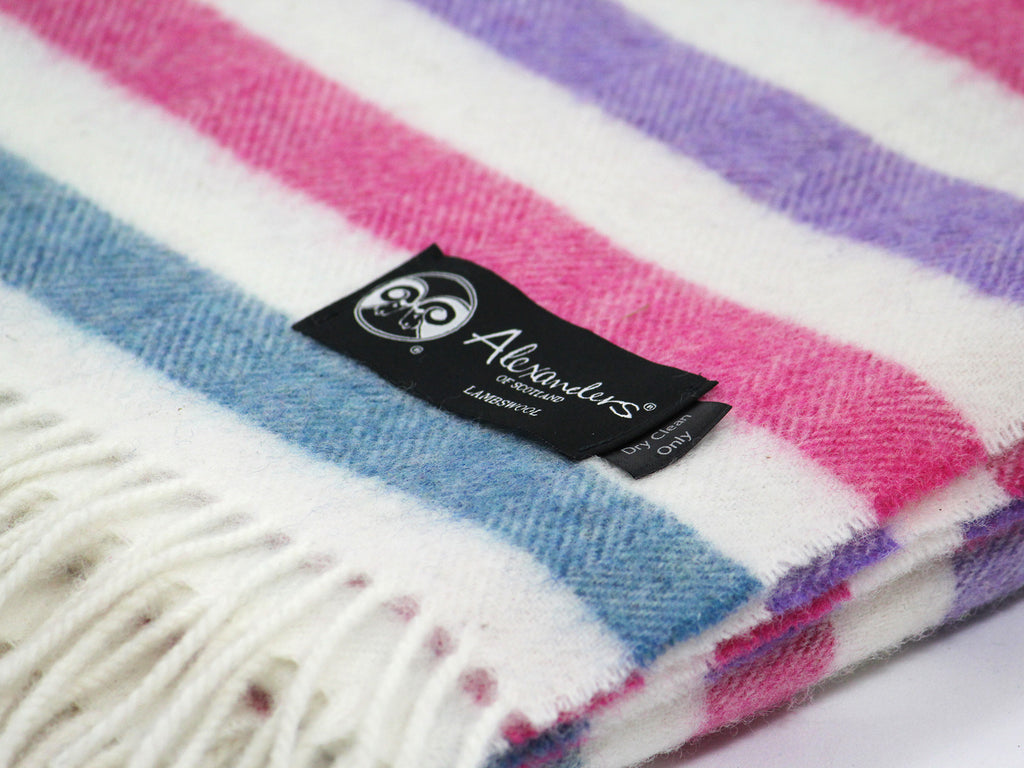 Striped Lambswool Herringbone Blanket - Blue/Carnation/Purple